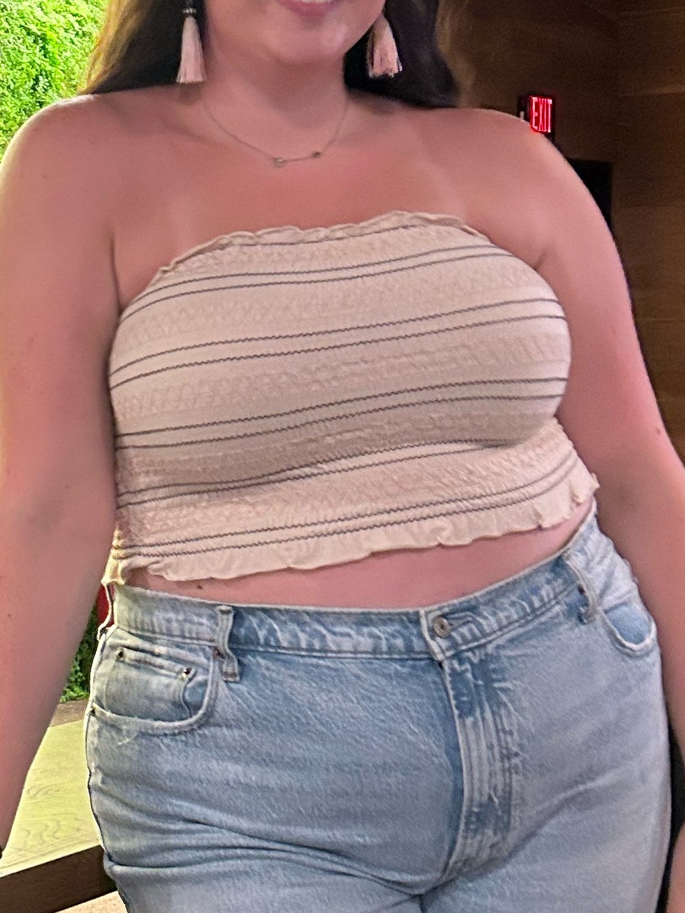 Black and Pink Striped Strapless Crop Top in Neutral Beige